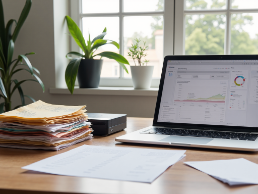 会计专业学习辅导场景，展示书本、计算器、电脑屏幕显示财务报表，明亮自然光，商务办公环境